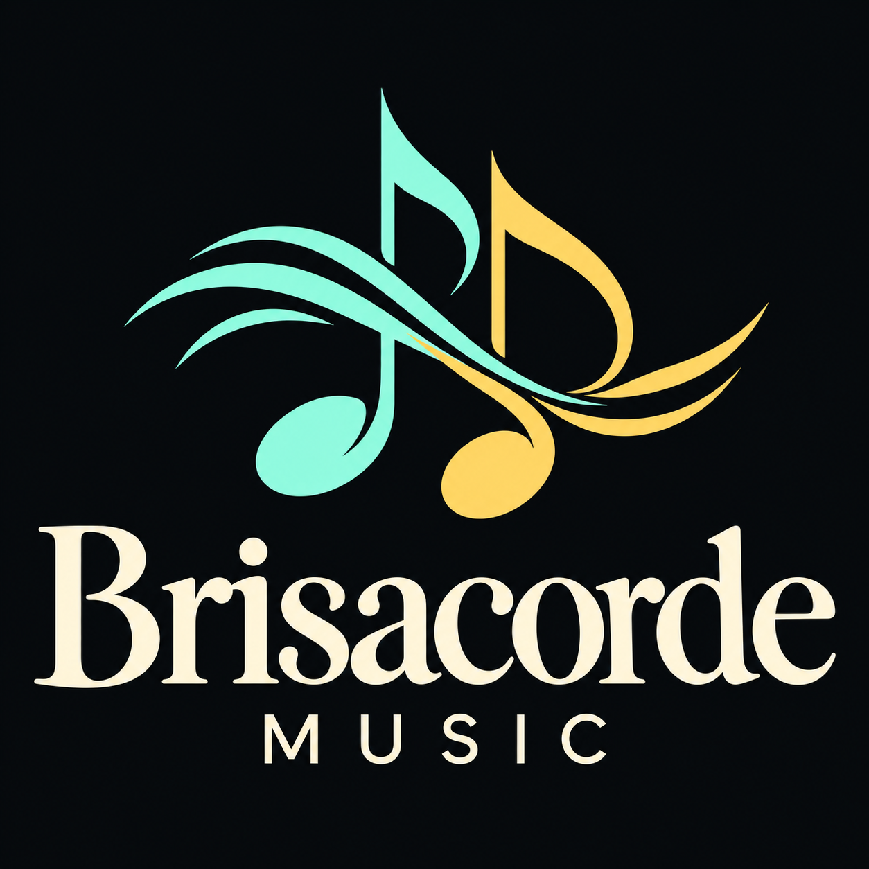 Brisacorde Music – zwei Noten in Mint und Gold mit geschwungenen Linien auf dunklem Hintergrund