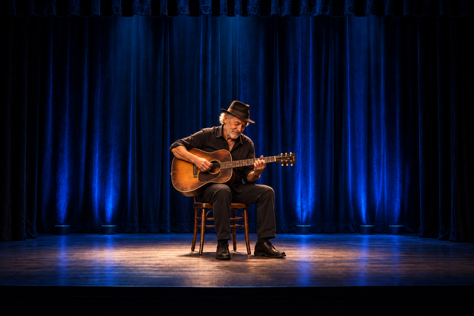 Joe alone with his acoustic guitar on the warmly lit blue stage.