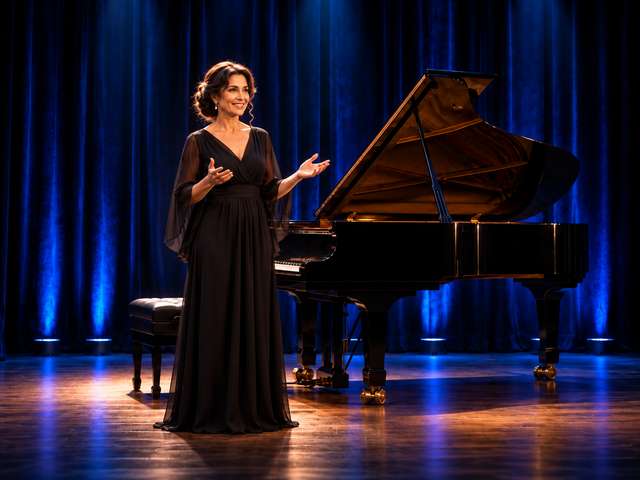 Isabel standing beside the grand piano and addressing the audience.