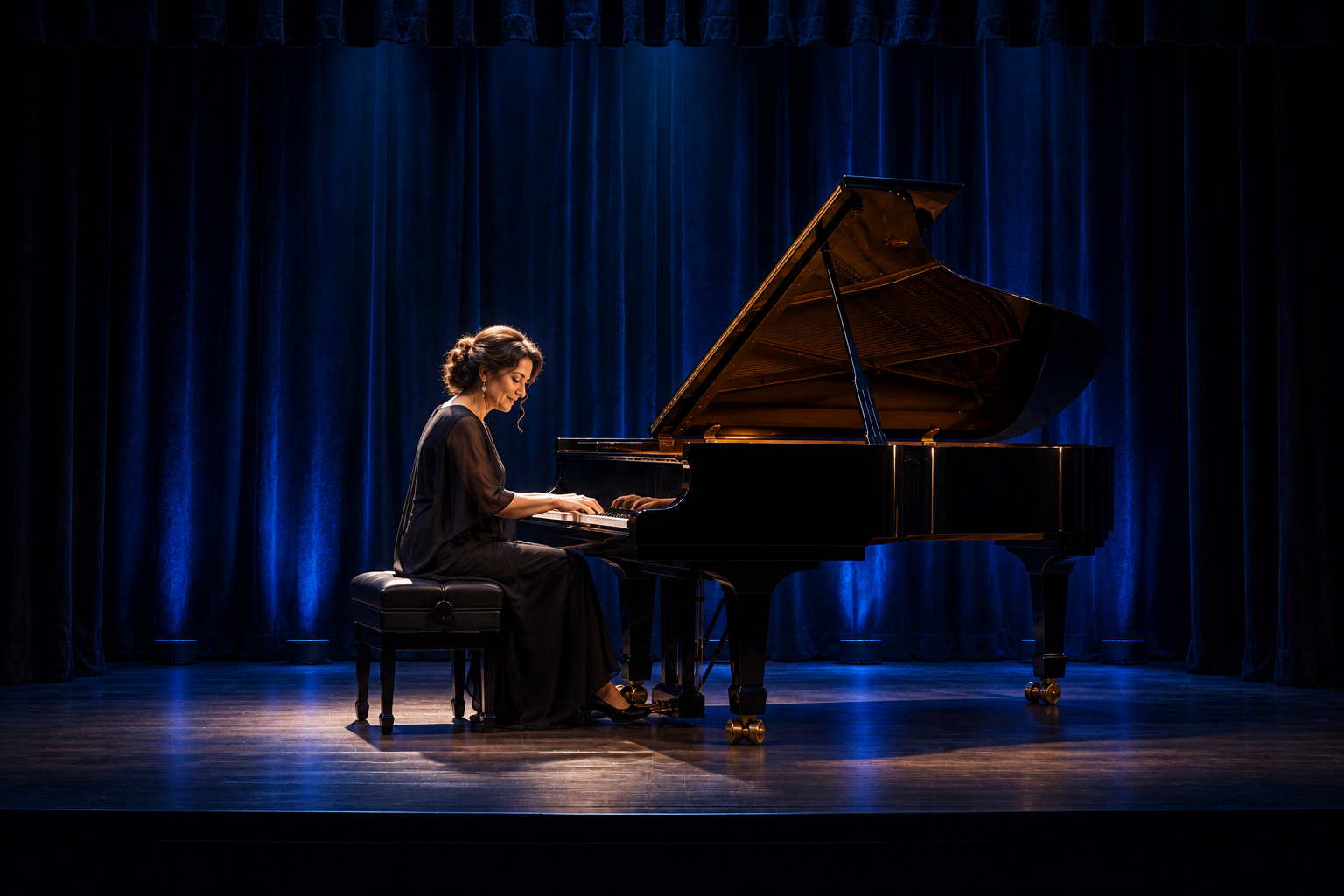 Isabel at a grand piano on the warmly lit blue stage.